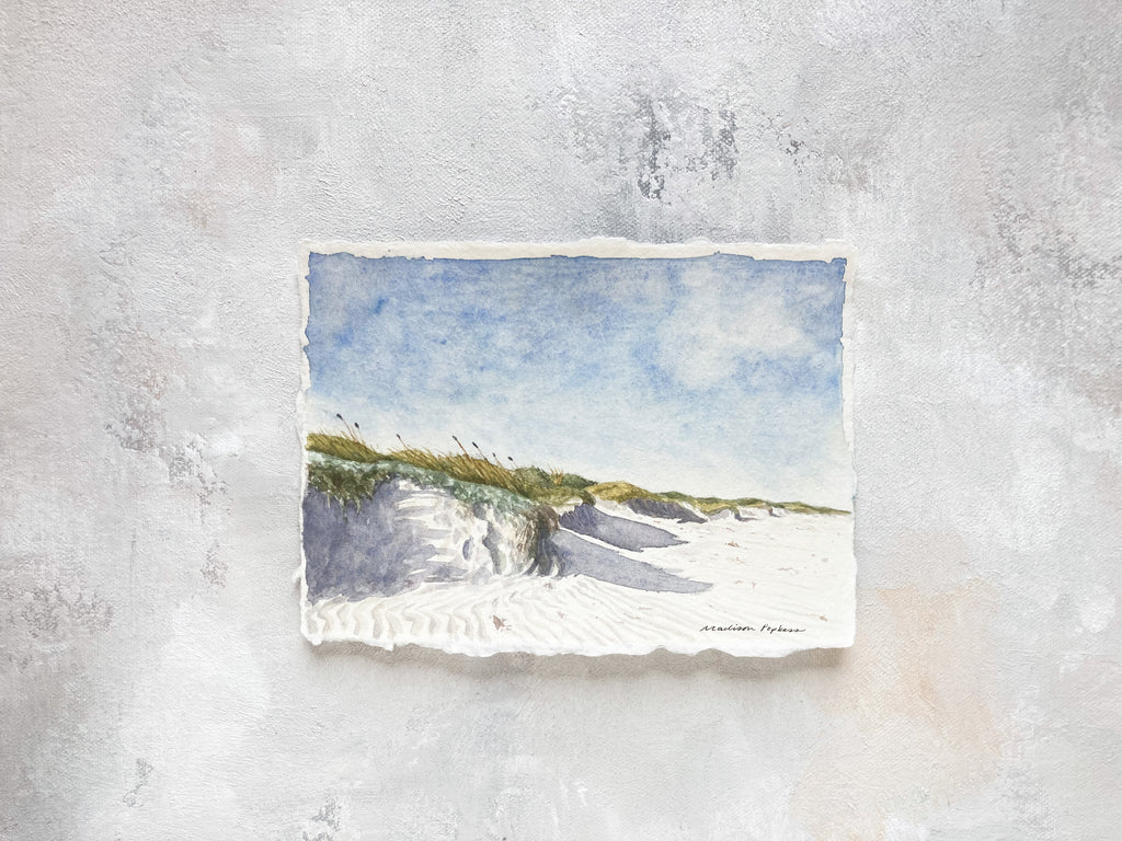 5x7 original watercolor, sand dunes, deckled edge, handmade paper