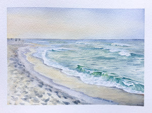 Sunset over the beach and ocean, Madison Popkess original watercolor painting