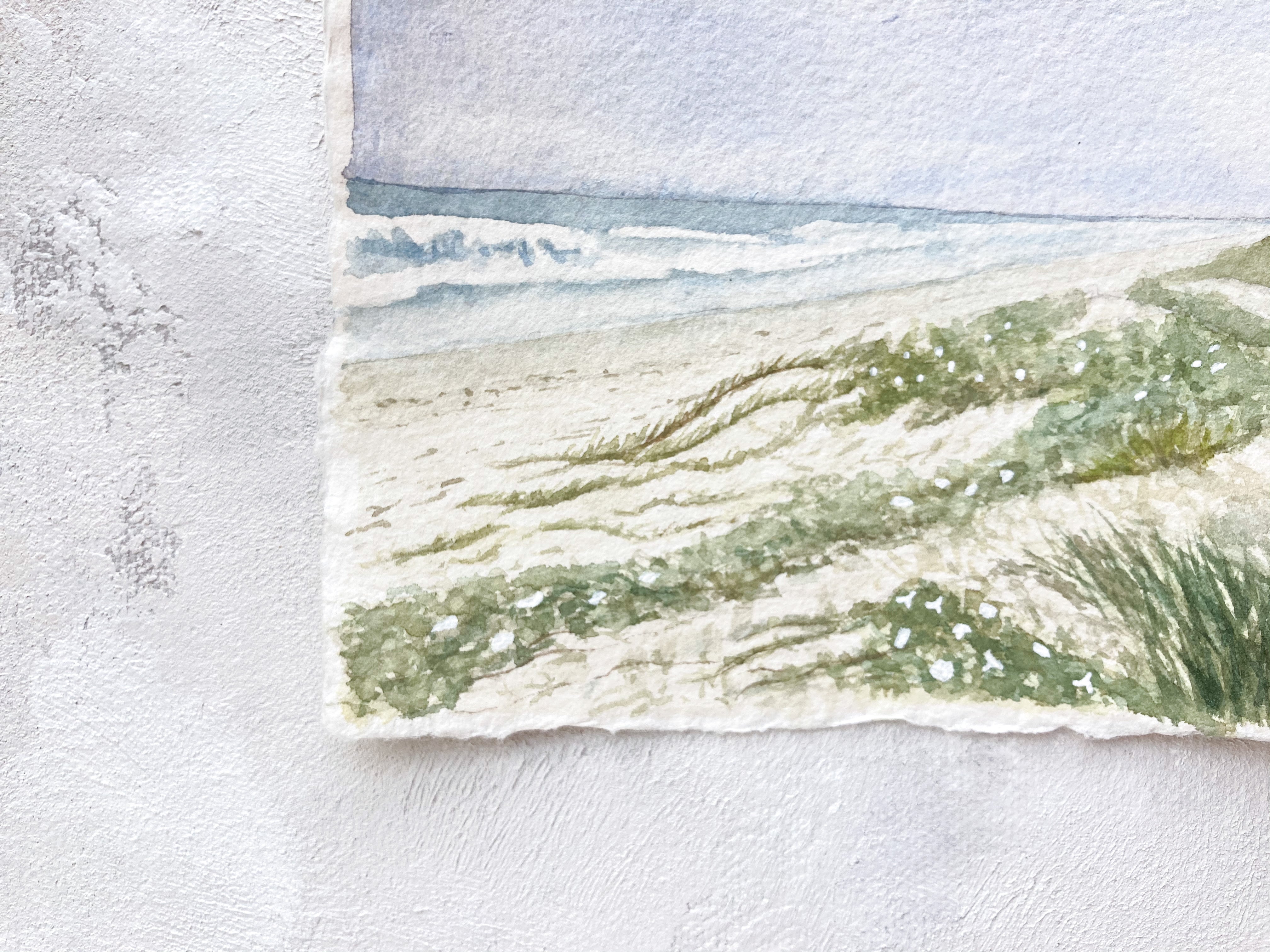 5x7 original watercolor of flower covered sand dunes, on handmade deckled-edge paper, detail