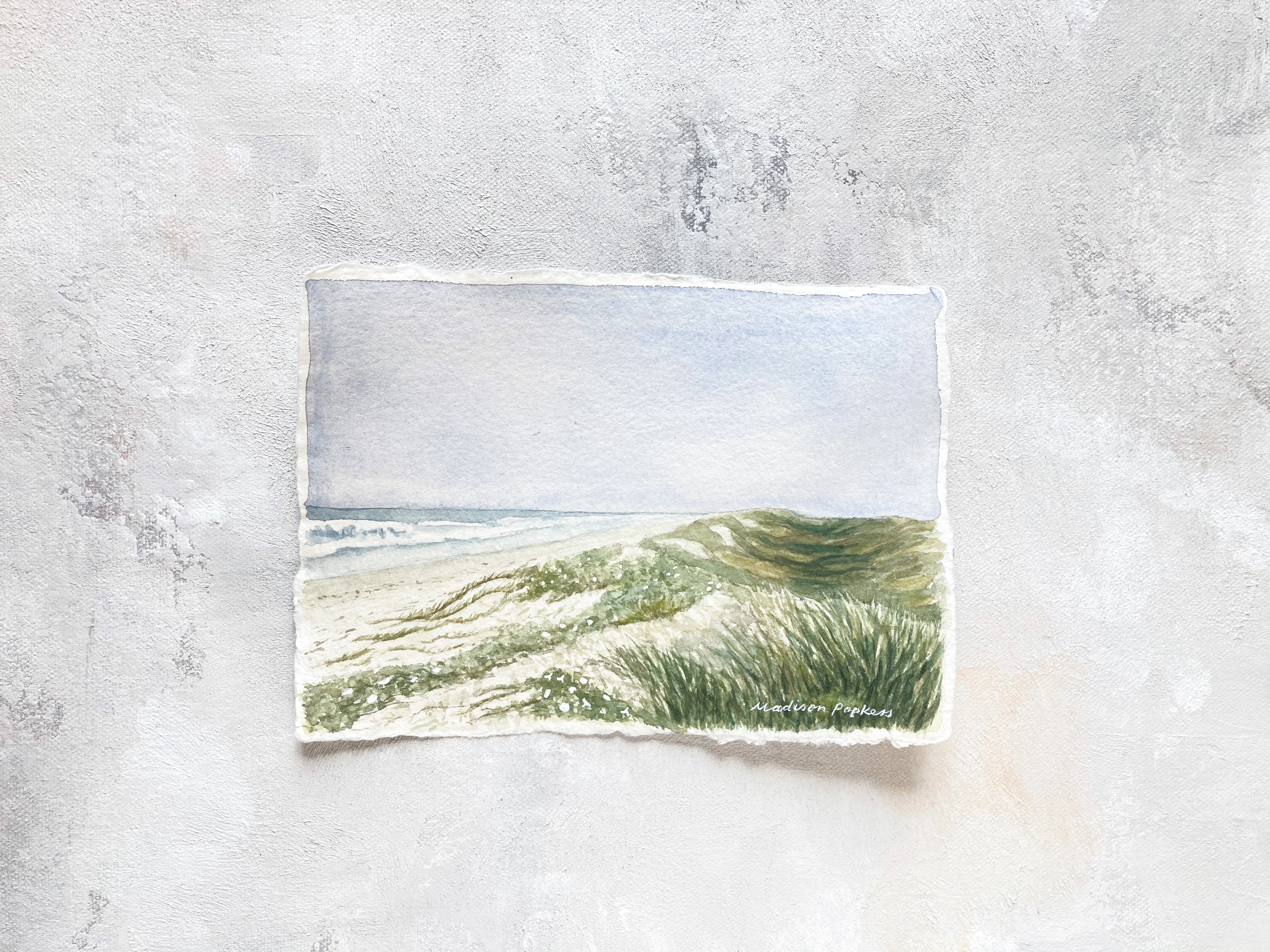 5x7 original watercolor of flower covered sand dunes, on handmade deckled-edge paper