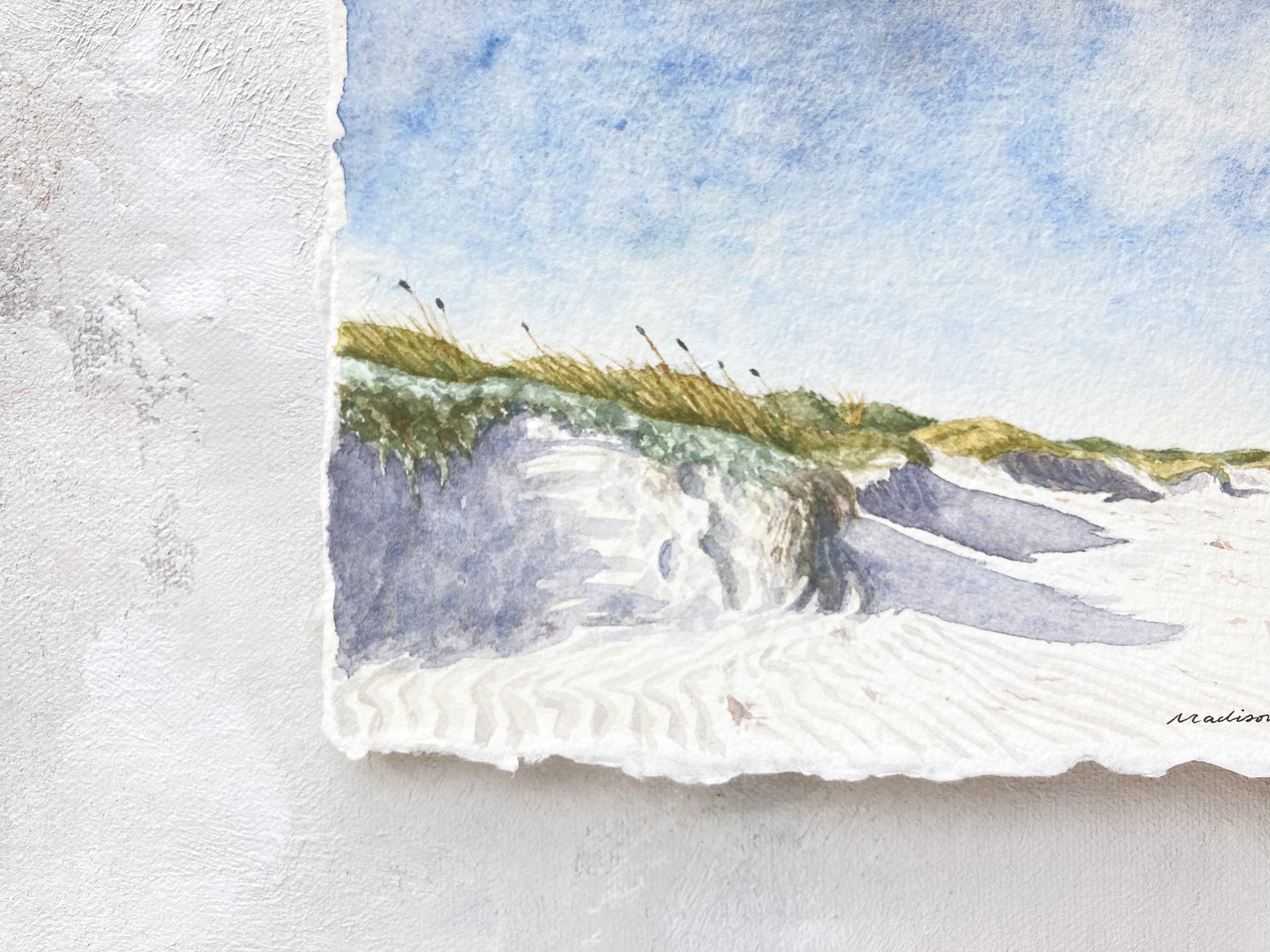 5x7 original watercolor, sand dunes, detail, deckled edge, handmade paper
