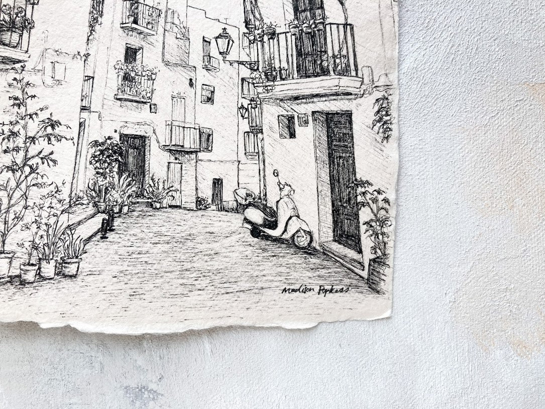 5x7 original ink drawing, seaside, Spanish village, balconies, plants, Vespa, handmade deckled edge paper