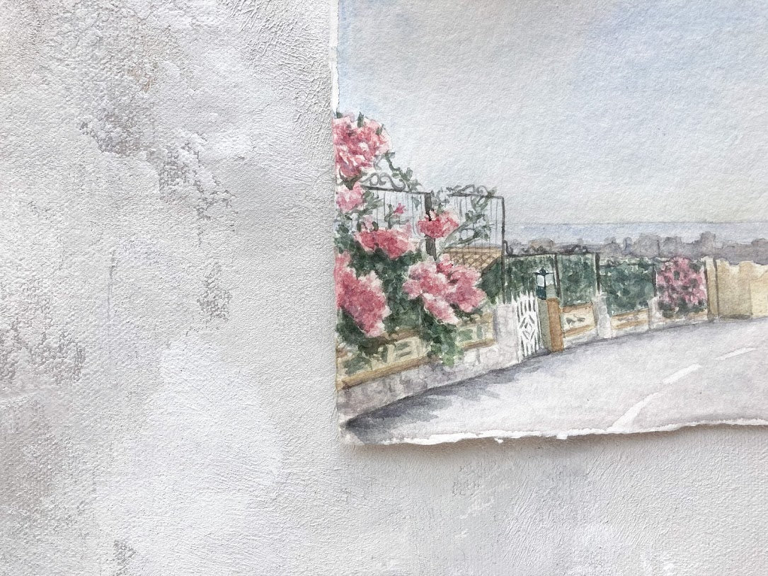 5x7 original watercolor of bougainvillea-covered streets of a Spanish town on handmade deckled-edge paper, detail