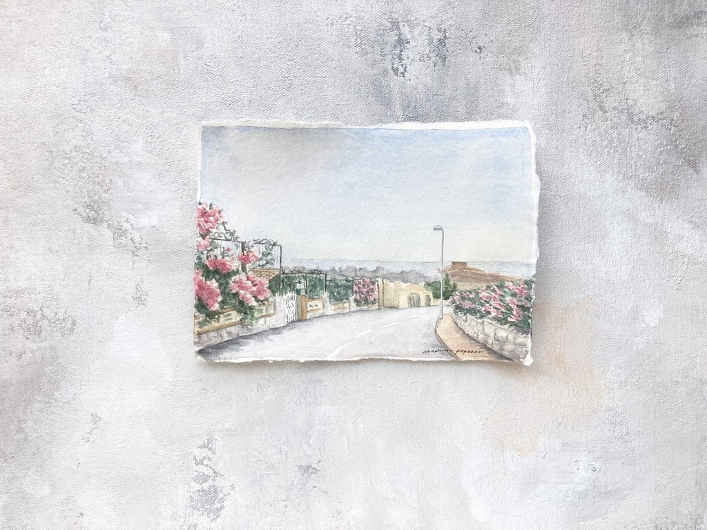 5x7 original watercolor of bougainvillea-covered streets of a Spanish town on handmade deckled-edge paper